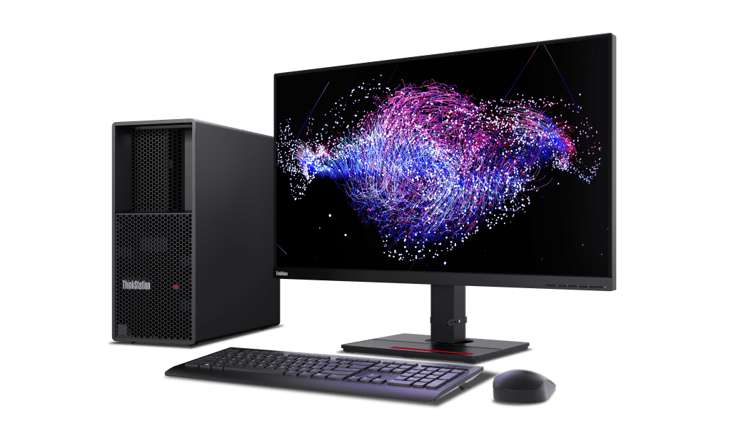 Lenovo ThinkStation creative workstation with dual monitors for graphic design and video editing